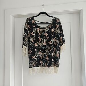 Pink Owl Black Floral Blouse with Cream Fringe - Size L